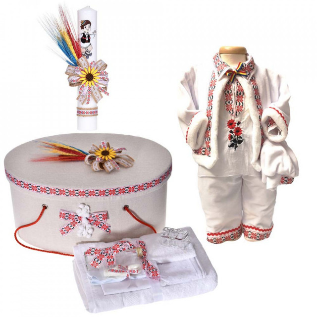 Set botez national, trusou botez, cutie trusou, lumanare si costum popular baietel, Denikos® C9097