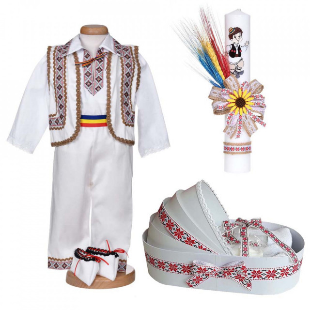 Set botez traditional baiat, trusou botez landou, lumanare si costum national, Denikos® C9290