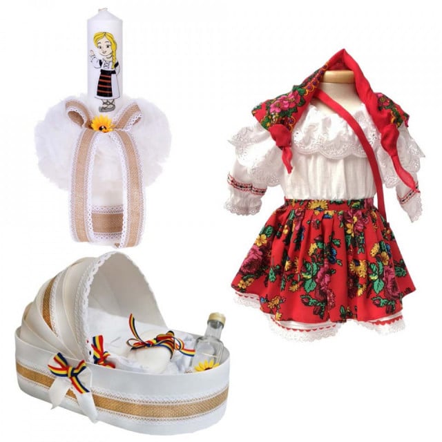 Set botez traditional fetita, trusou botez landou, lumanare si costum national fata, Denikos® 971