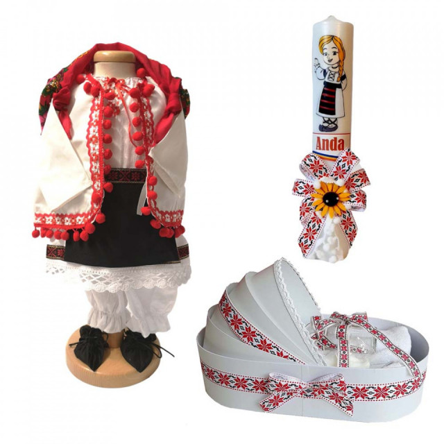 Set costum national rochita populara, trusou si lumanare personalizata, decor traditional, Denikos® C9022