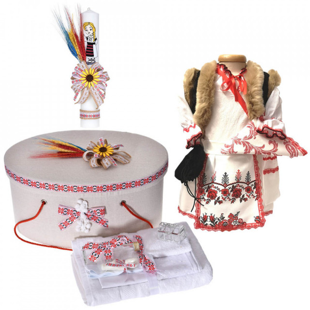 Set costumas rochita nationala, trusou botez, cutie trusou si lumanare, decor traditional, Denikos® C9107