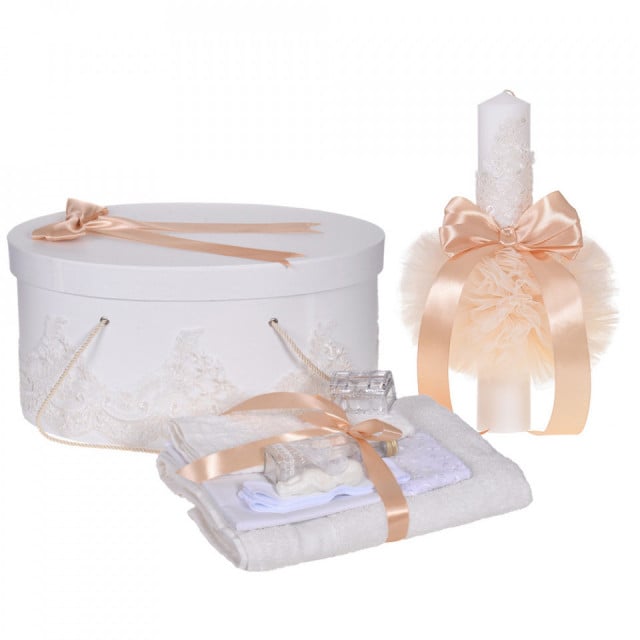 Set elegant trusou botez, cutie trusou si lumanare, decor dantela Crem diafana, Denikos® 959