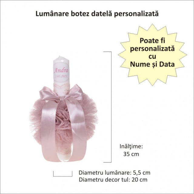 Trusou botez cu mesaj si lumanare botez personalizata, decor roz pudra, Denikos® 787 - 3 | YEO