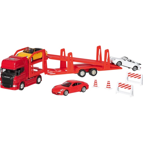 Camion die-cast transportor de masini Scania V8, scara 1 la 60-64, lungime 29 cm