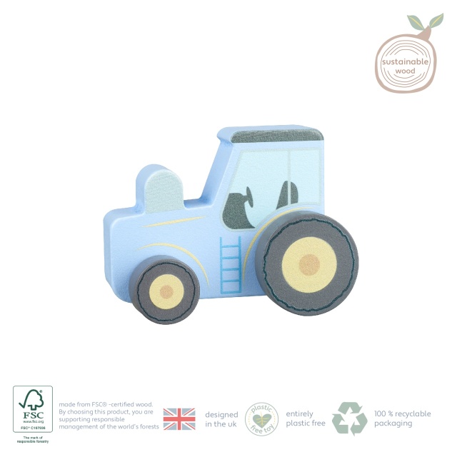 Jucarie de impins Tractor albastru din lemn, Orange Tree Toys - 2 | YEO