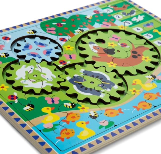 Puzzle din lemn cu rotite dintate pentru invatarea numararii prin joaca Animale vesele - 1 | YEO