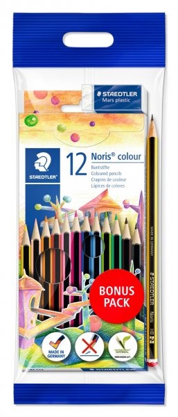 Set 12 creioane colorate cu radiera si creion HB, Staedtler