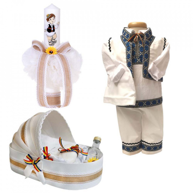 Set botez traditional baietel, trusou botez landou, lumanare si costum national baiat, Denikos® 962