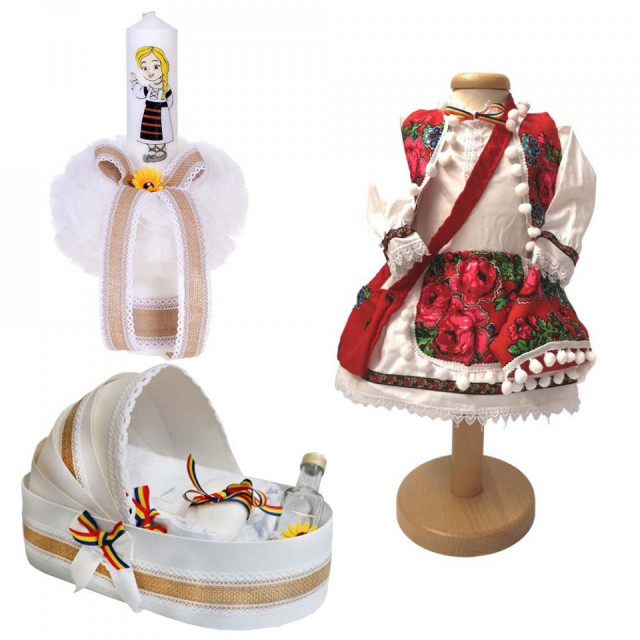 Set botez traditional fetita, trusou botez landou, lumanare si costum traditional, Denikos® 982