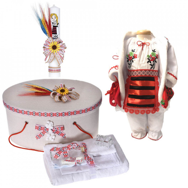 Set costumas rochita populara, trusou botez, cutie trusou si lumanare, decor traditional, Denikos® C9108