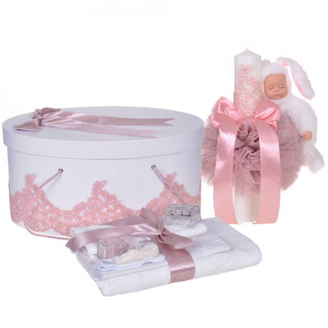 Set elegant trusou botez, cutie trusou si lumanare iepuras pufos, dantela si fundite, decor Roz pudra, Denikos® 929