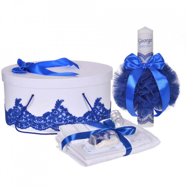 Set elegant trusou botez, cutie trusou si lumanare personalizata cu nume, decor dantela Albastra, Denikos® 939