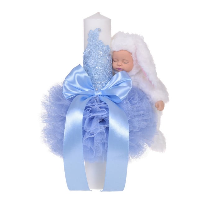 Set trusou botez, cutie trusou si lumanare iepuras pufos, dantela si fundite, decor Bleu, Denikos® 895 - 2 | YEO