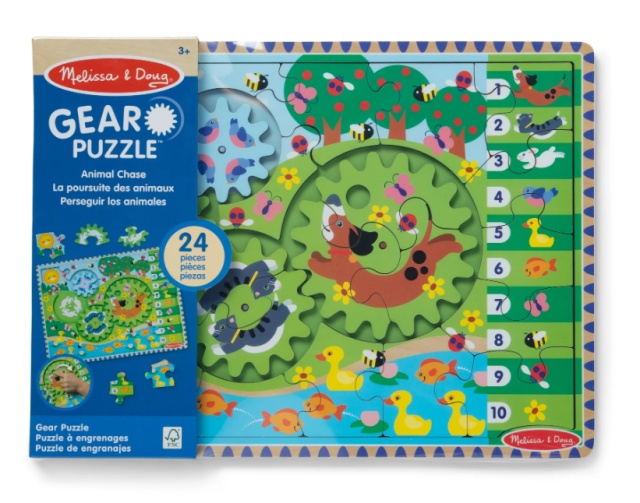 Puzzle din lemn cu rotite dintate pentru invatarea numararii prin joaca Animale vesele - 2 | YEO