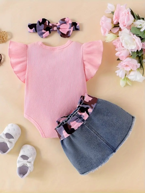 Set body roz cu inscriptie si fustita denim pentru fetite - 2 | YEO