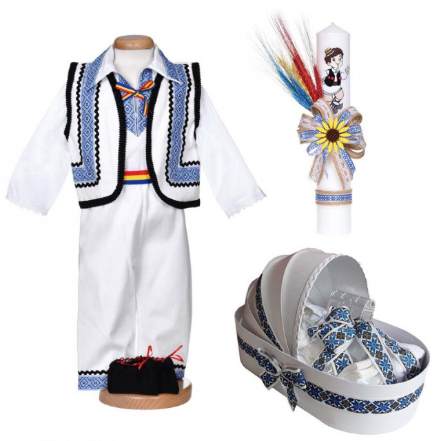 Set botez traditional baietel, trusou botez landou, lumanare si costum national, Denikos® C9292