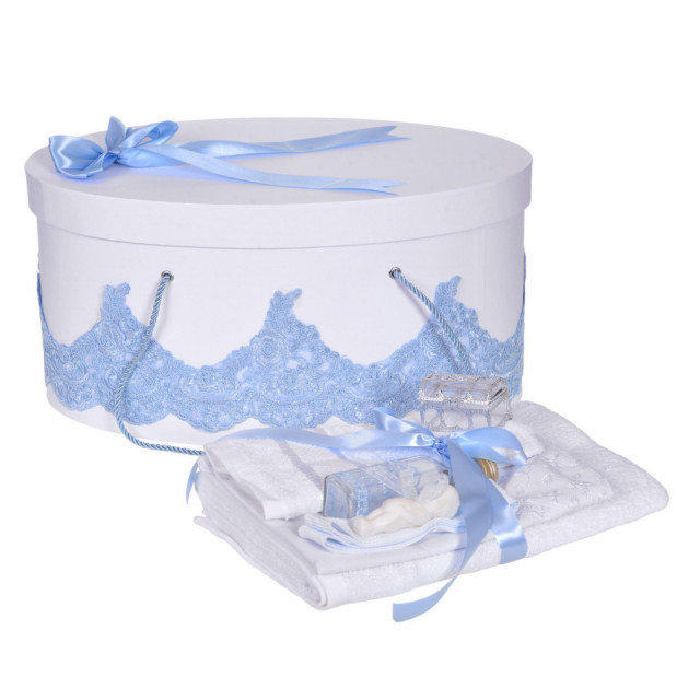 Set trusou botez si cutie trusou, dantela si fundita, decor elegant Bleu, Denikos® 853