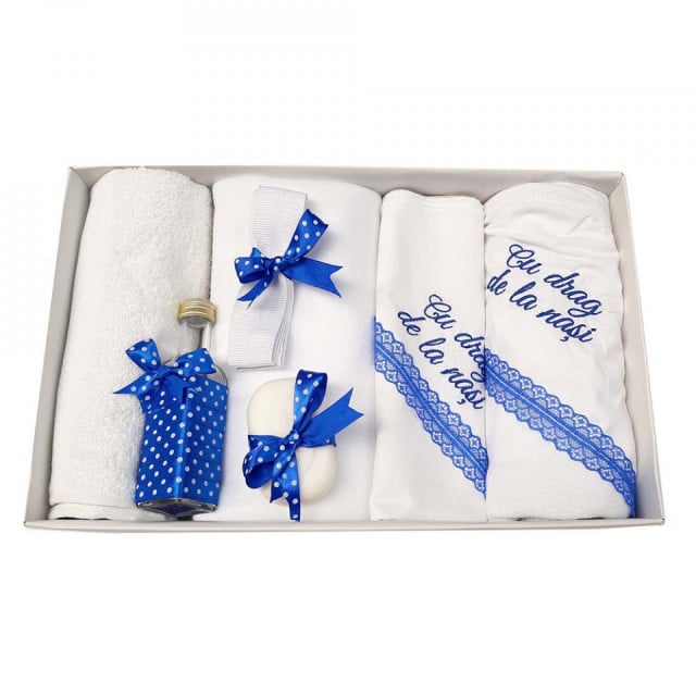 Trusou botez cu mesaj si lumanare botez personalizata, decor albastru, Denikos® 785 - 1 | YEO