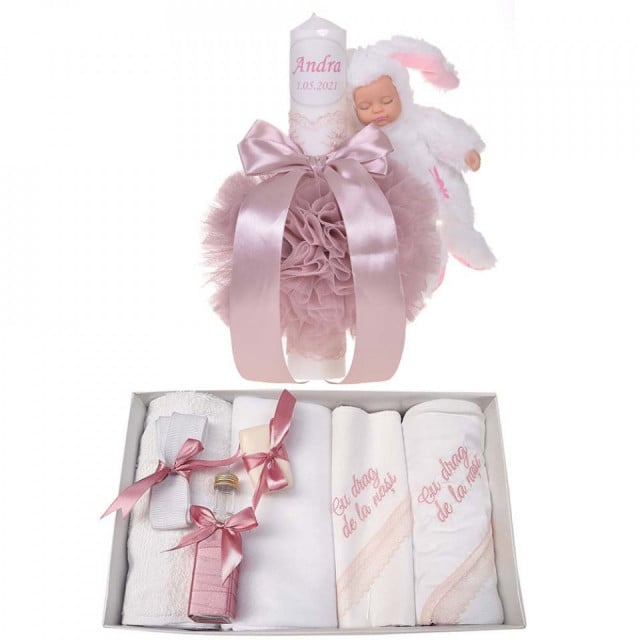 Trusou botez cu mesaj si lumanare botez personalizata, decor roz pudra cu iepuras, Denikos® 793