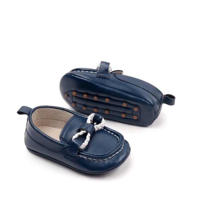 Pantofiori tip mocasini, bleumarin, cu fir alb impletit - 2 | YEO