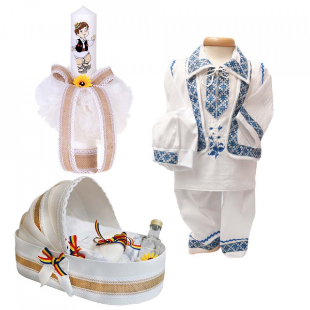 Set botez national baietel, trusou botez landou, lumanare si costum popular baiat, Denikos® 964