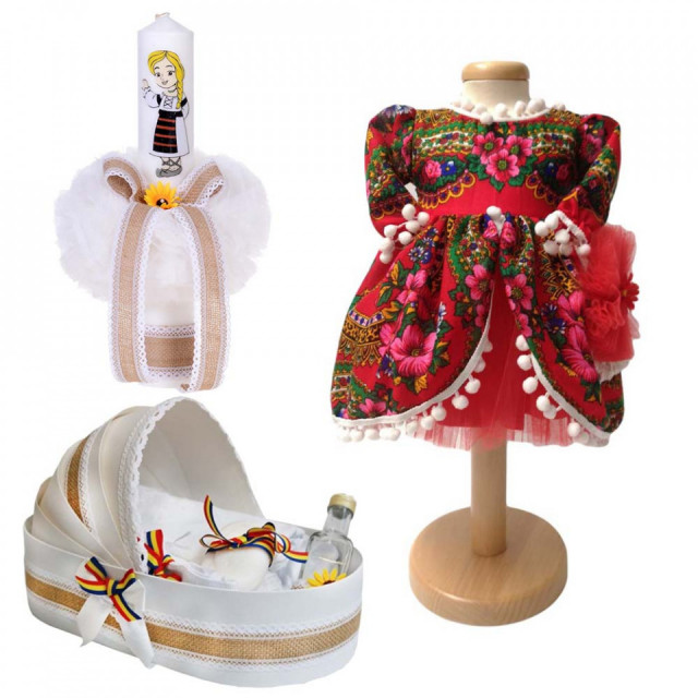 Set botez traditional fetita, trusou botez landou, lumanare si costum popular fata, Denikos® 974