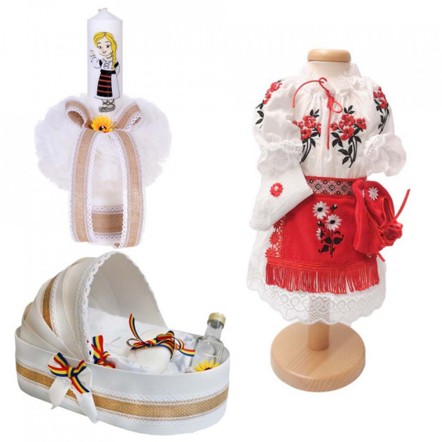 Set botez traditional fetita, trusou botez landou, lumanare si costum traditional, Denikos® 984