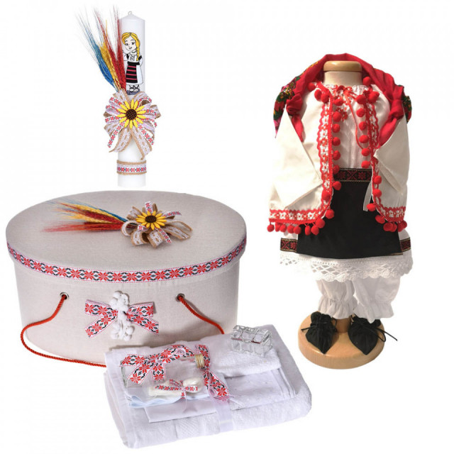 Set costumas rochita populara, trusou botez, cutie trusou si lumanare, decor traditional, Denikos® C9110