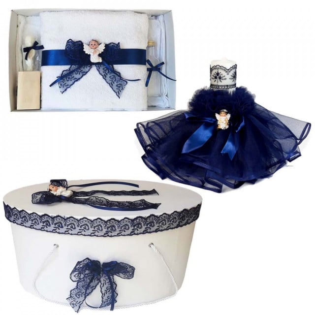 Set dantela trusou botez, cutie trusou si lumanare, Ingeras, decor bleumarin, Denikos® 475