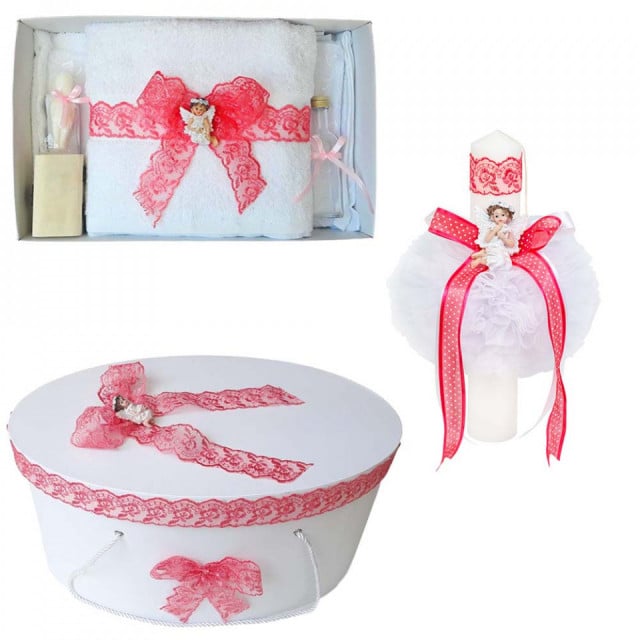 Set trusou botez, cutie trusou si lumanare, dantela si Ingeras, decor Corai, Denikos® 563