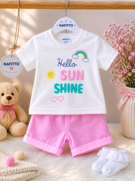 Compleu din doua piese, tricou si pantaloni scurti pentru bebelusi, Ayyildiz, Model ALSBS6, bumbac - Img 2