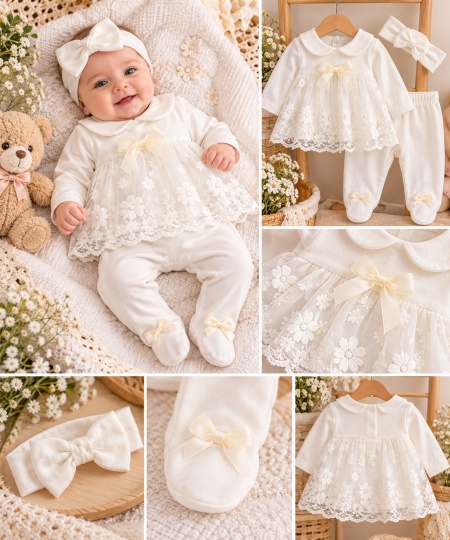 Costumas bebelusi fete 3 piese alb cu dantela si fundite, bumbac 100% - Img 3