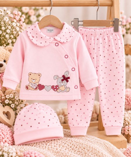 Costumas bumbac bebelusi 3 piese roz cu buline si imprimeu ursulet si iepure set complet cu bluza maneca lunga, pantaloni si caciulita - Img 2