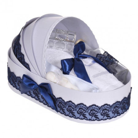 Lumanare botez personalizata si trusou botez in landou, decor dantela Bleumarin, Denikos® 864 - Img 3