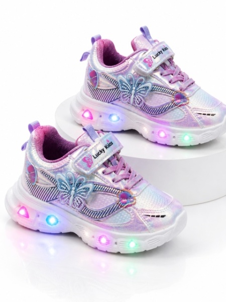 Pantofi sport cu lumini LED, Model Fluture, Piele ecologica, Fete, Mov - Img 2