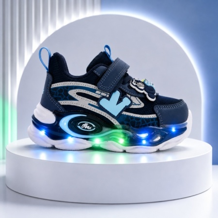 Pantofi sport cu luminite, Model Navy Style, Piele ecologica, Baieti, Bleumarin - Img 2