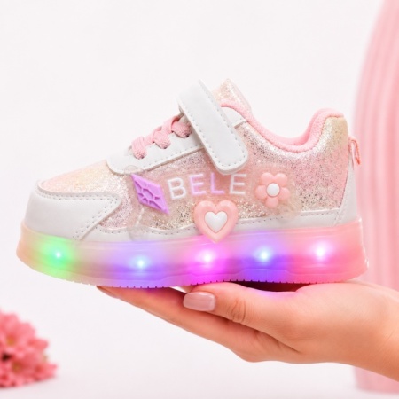 Pantofi sport cu luminite si sclipici, Model Premium Style, Piele ecologica, Fete, Roz - Img 2