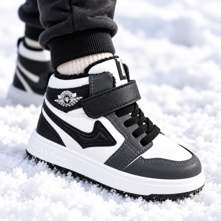 Pantofi sport imblaniti, Model Black&amp;White, Baieti, Piele ecologica - Img 2