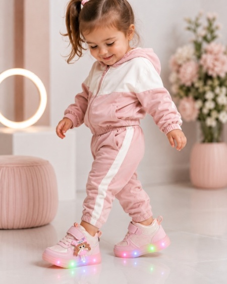 Pantofi sport inalti cu luminite, Model Papusa, Piele ecologica, Fete, Roz - Img 7