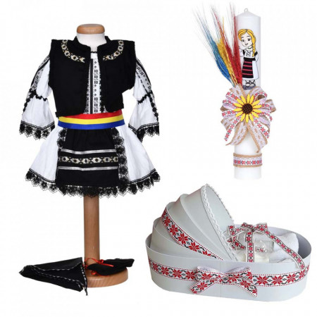 Set costum national fetita, trusou botez landou si lumanare, decor traditional, Denikos® C9284
