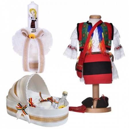 Set costum popular fetita, trusou botez landou si lumanare, decor traditional, Denikos® 1057