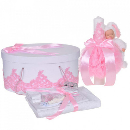 Set elegant trusou botez, cutie trusou si lumanare iepuras pufos, dantela si fundite, decor Roz, Denikos® 926
