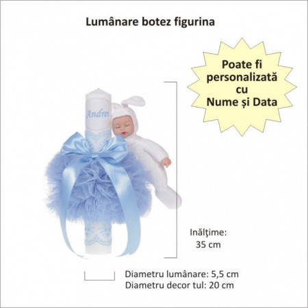 Set elegant trusou botez, cutie trusou si lumanare personalizata cu nume, decor dantela Bleu cu iepuras, Denikos® 949 - Img 2