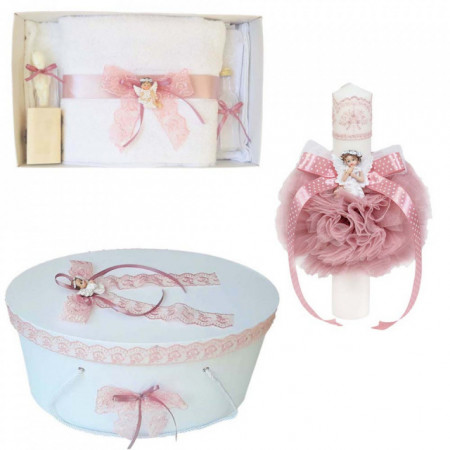 Set trusou botez, cutie trusou si lumanare, dantela si Ingeras, decor Roz Pudra, Denikos® 564