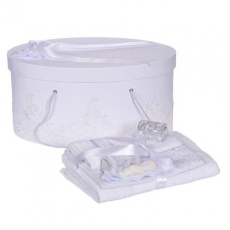 Set trusou botez si cutie trusou, dantela si fundita, decor elegant Alb, Denikos® 845