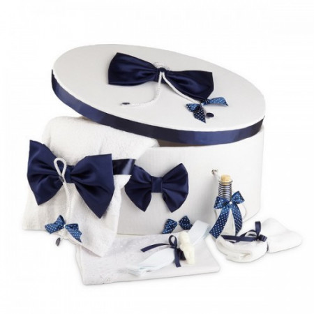 Trusou botez complet si cutie decorata cu funde bleumarine NKTR006