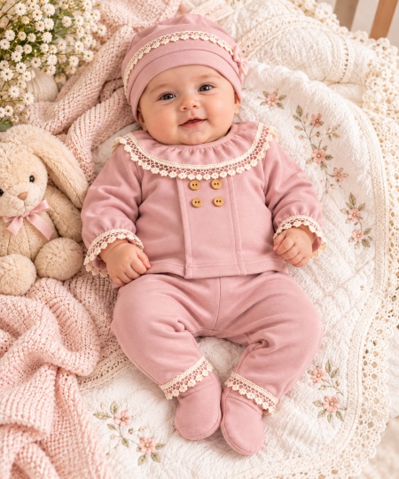 Costumas bebelusi fete 5 piese roz pudra cu dantela, bumbac 100% Superbebe Shop - Img 2