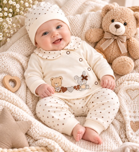 Costumas bumbac bebelusi 3 piese crem cu buline si imprimeu ursulet si iepure set complet cu bluza maneca lunga, pantaloni si caciulita - Img 2