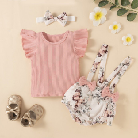 Costumas cu tricou roz - Floricele