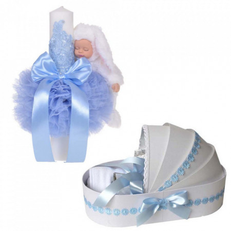 Lumanare botez glob iepuras pufos si trusou botez in landou, decor Bleu cu floricele, Denikos® 766